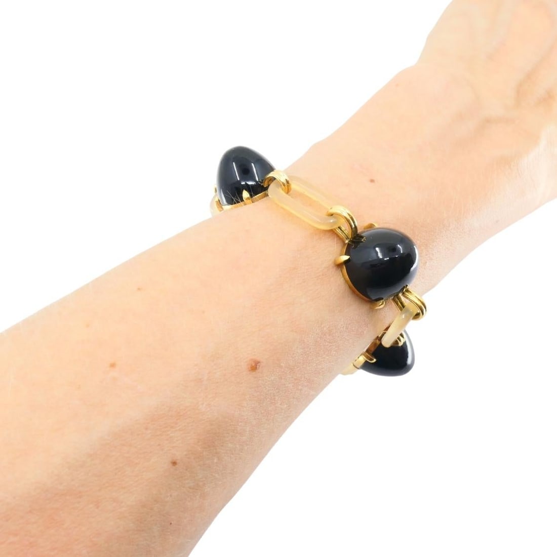 Vintage Black Onyx Bracelet 14k Gold Bakelite Link - 6
