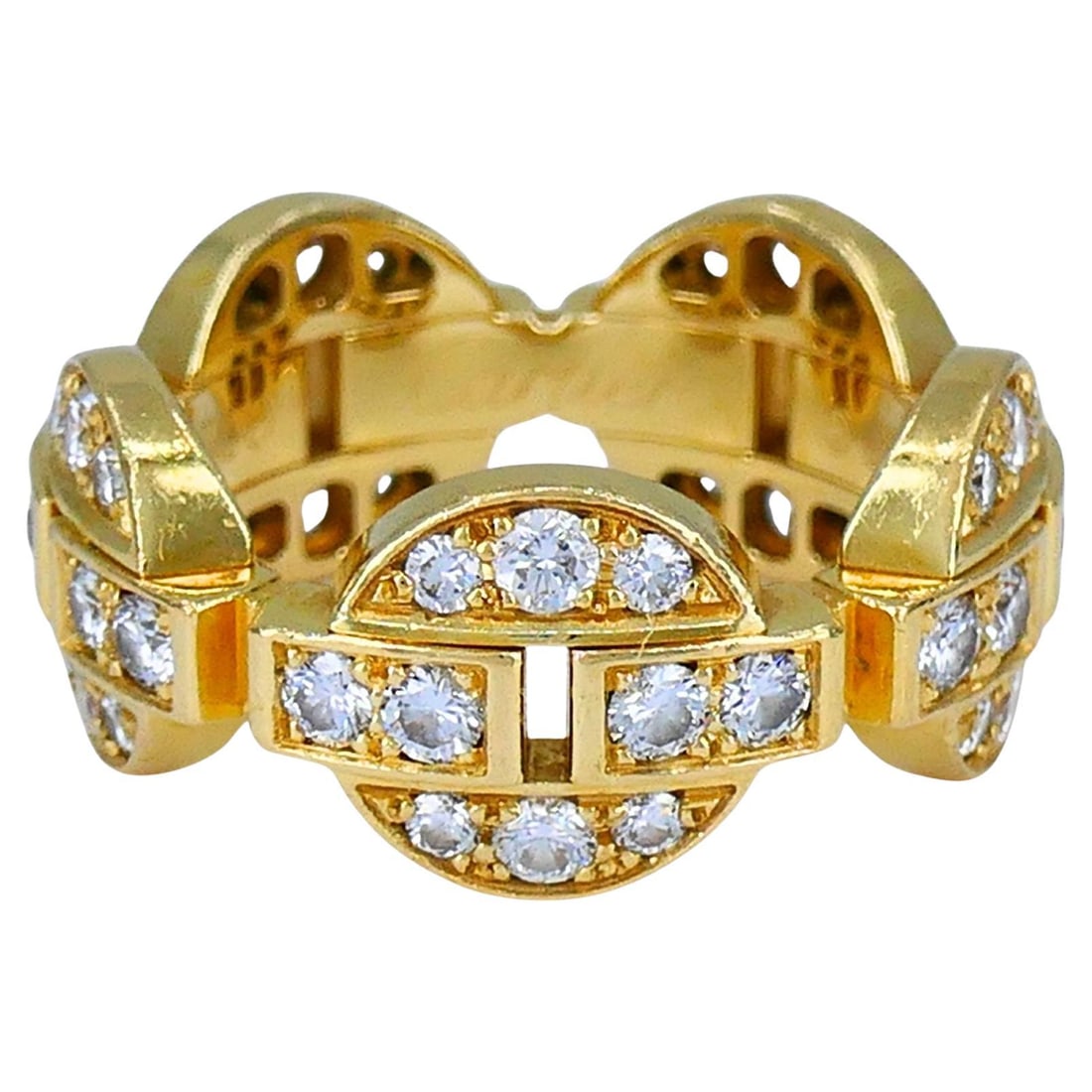 Cartier Himalia 18k Gold Diamond Band Ring: About the Item A vintage Cartier ring from the Himalia collection, crafted in 18k yellow gold with a structured, interlocking design. The band features alternating gold and diamond-set links. This rin