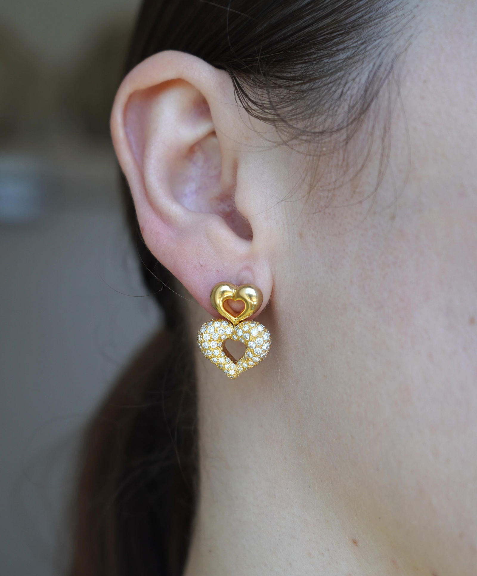 Vintage Van Cleef & Arpels 18k Gold Diamond Double Heart Earrings - 9