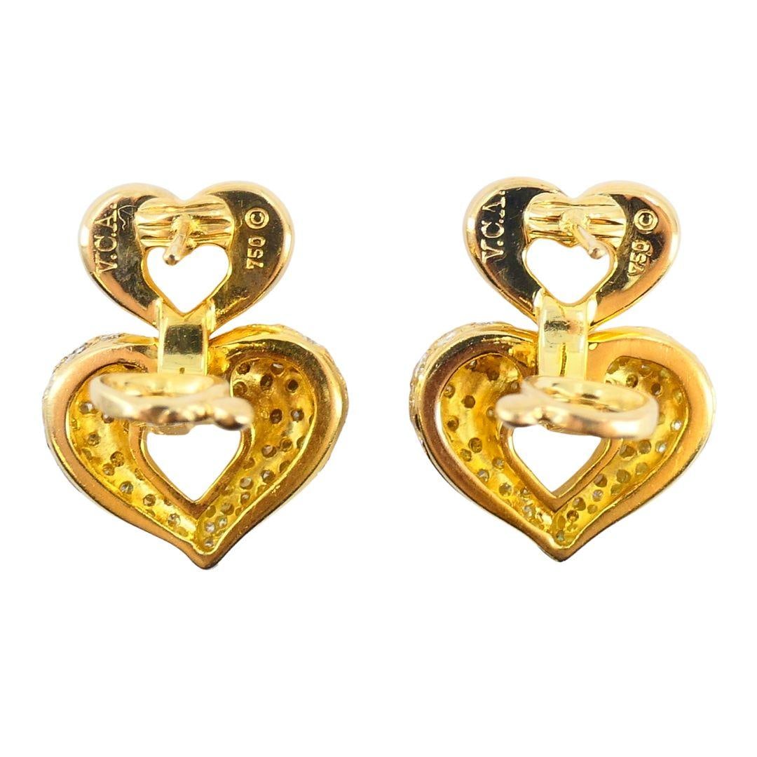 Vintage Van Cleef & Arpels 18k Gold Diamond Double Heart Earrings - 15
