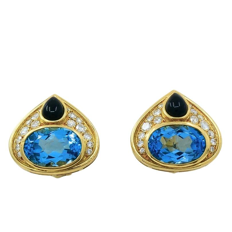 Marina B 18k Gold Topaz Onyx & Diamond Clip-On Earrings - 13