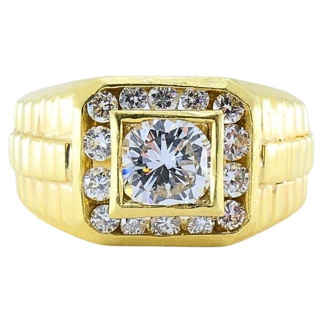 Vintage 14K Gold Diamond Men's Ring: About the Item This vintage 14K gold ring, featuring a bold geometric design and dazzling diamond accents. The centerpiece is a brilliant round-cut diamond, bezel-set and surrounded by a radiant halo