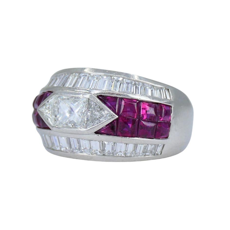 1960s Ruby Diamond Platinum Dome Ring 6.5 - 10