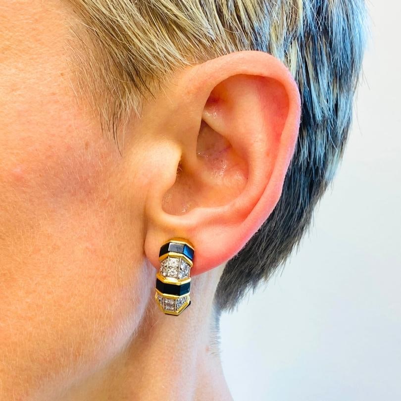 Tiffany & Co. 18k Gold Onyx Diamond Hoop Earrings - 17