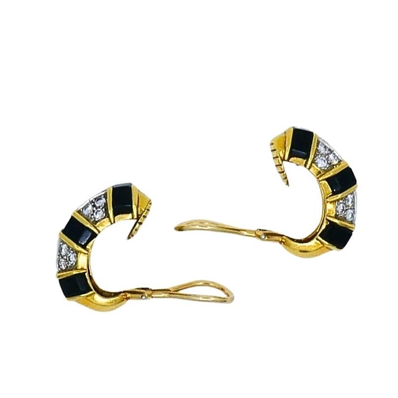 Tiffany & Co. 18k Gold Onyx Diamond Hoop Earrings - 4