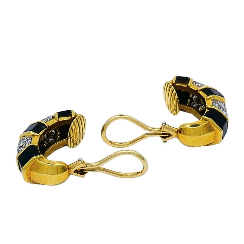 Tiffany & Co. 18k Gold Onyx Diamond Hoop Earrings - 5