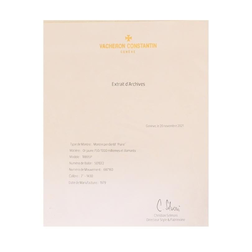 Vacheron Constantin Watch Pendant Diamond 18k Gold Certificate of Authenticity - 14