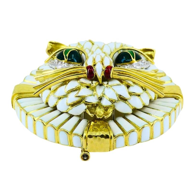 Vintage David Webb Cat Brooch Pendant 18k Gold Enamel Diamond Estate Jewelry - 11