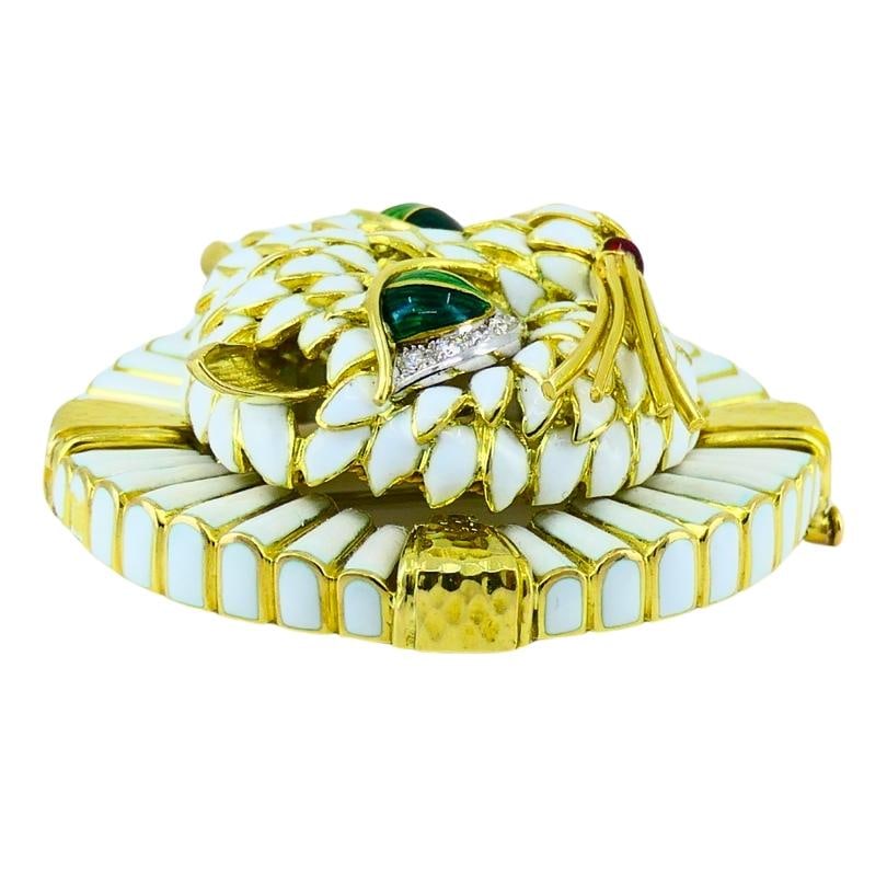 Vintage David Webb Cat Brooch Pendant 18k Gold Enamel Diamond Estate Jewelry - 18