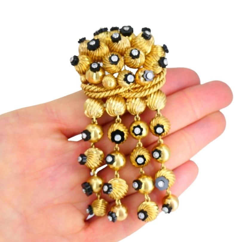 Onyx Gold Bead Brooch 18k Retro Jewelry Signed OSL - 12