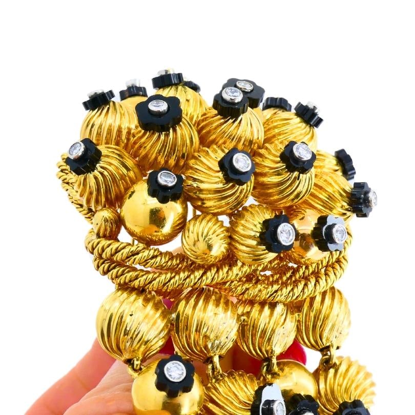 Onyx Gold Bead Brooch 18k Retro Jewelry Signed OSL - 18