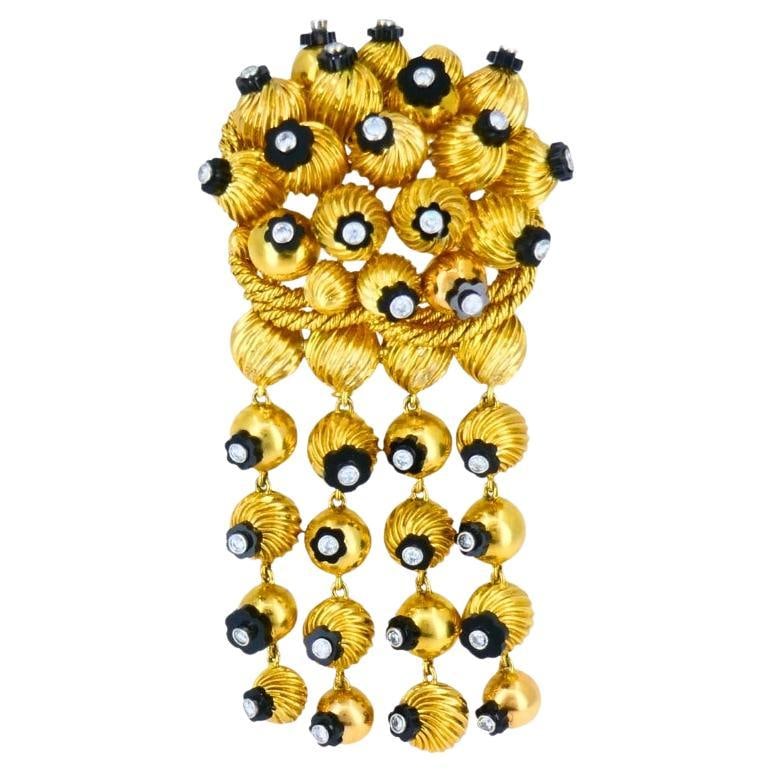 Onyx Gold Bead Brooch 18k Retro Jewelry Signed OSL - 7