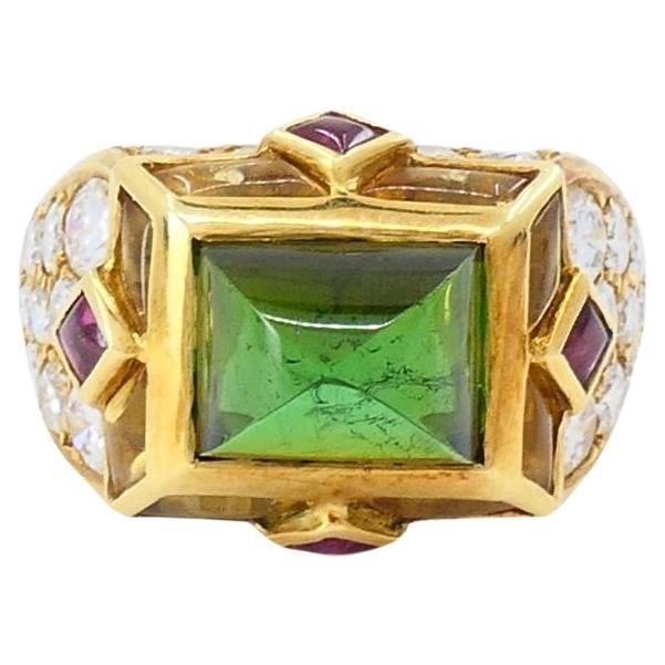 Vintage Mauboussin 18k Gold Sugarloaf Tourmaline Diamond Ring - 7