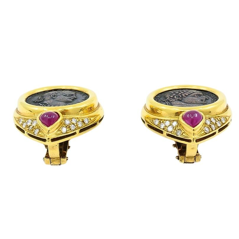 Ancient Coin 18k Gold Earrings Ruby - 13