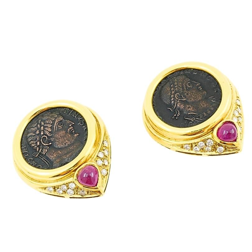 Ancient Coin 18k Gold Earrings Ruby - 15