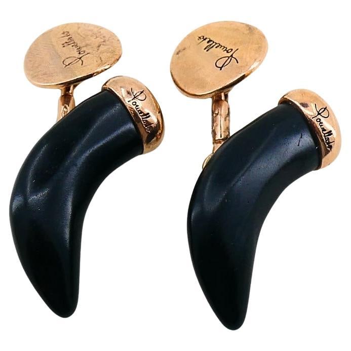 Pomellato Jet Horn Rose Gold Cufflinks: About the Item The Pomellato Jet Horn Rose Gold Cufflinks are a sophisticated accessory combining luxurious materials and elegant design. Crafted from black jet and smooth 9K rose gold. Features a