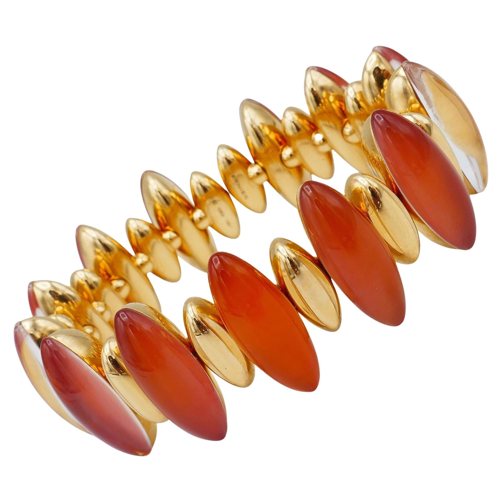 Vhernier Fuseau Red Carnelian Rock Crystal Gold Bracelet: About the Item A stunning bracelet by Vhernier from Fuseau collection. Features cabochon cut red carnelian, rock crystal and 18k yellow gold. Stamped with Vhernier maker's mark, a hallmark for 18k