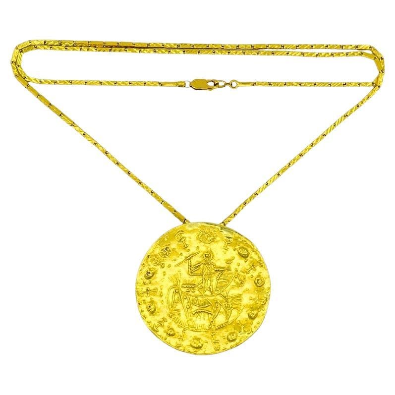 Pablo Picasso Design Faune Cavalier 23k Gold Medallion Pendant Estate Jewelry: About the Item This Faune Cavalier (Faun Rider) gold medallion pendant is a remarkable piece of wearable art, created from a design by Pablo Picasso and crafted in gold by Pierre Hugo in the 1980s.