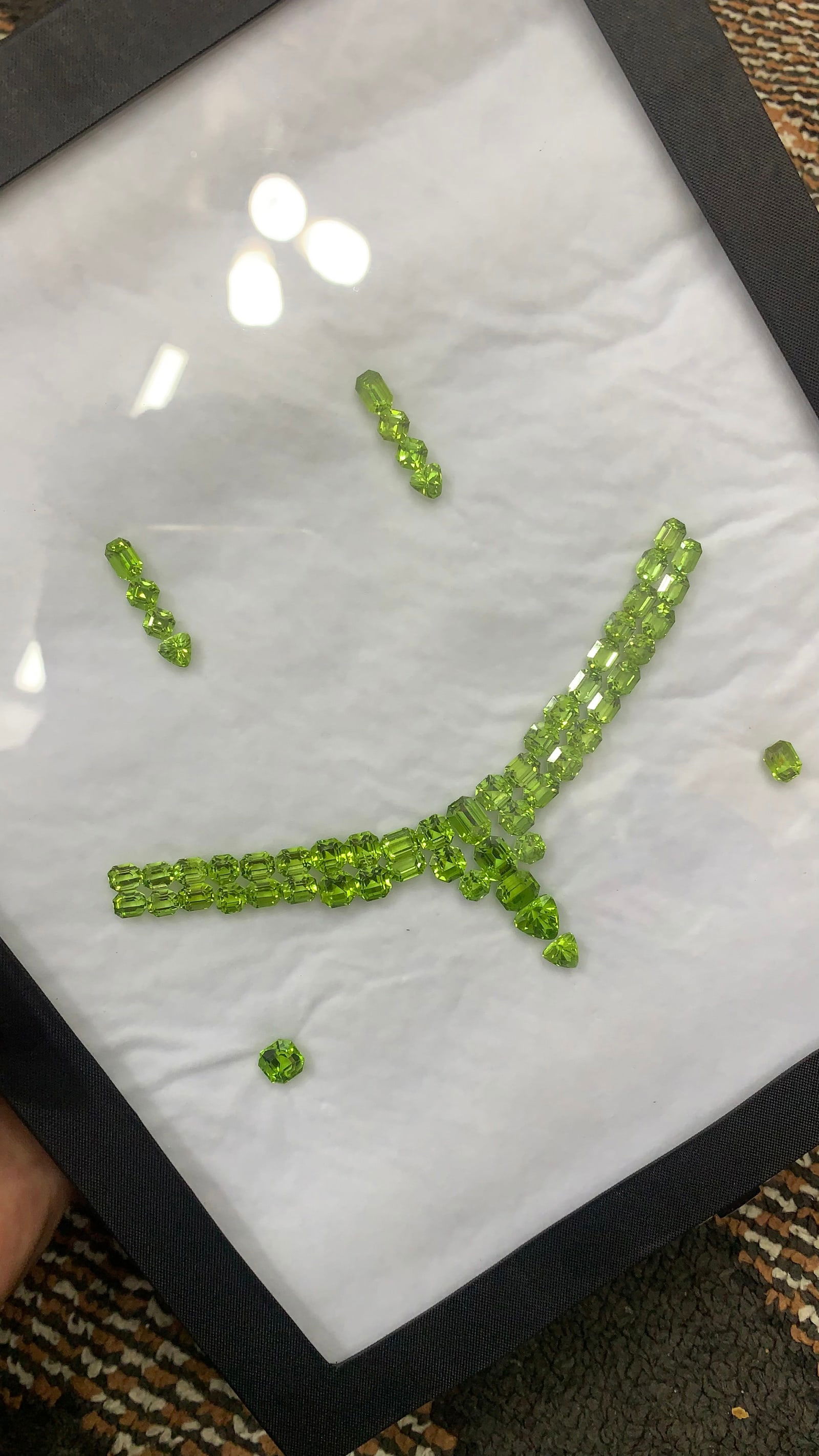 85 Carats Natural Peridot Set For Jewelry: Details SKU Dimensions (mm) 9 x 6 x 2 mm Weight (cts) 85 Treatment No Treatment Shape Asscher, Cushion, Emerald, Pear, Trilliant Type Faceted Clarity N/A <b