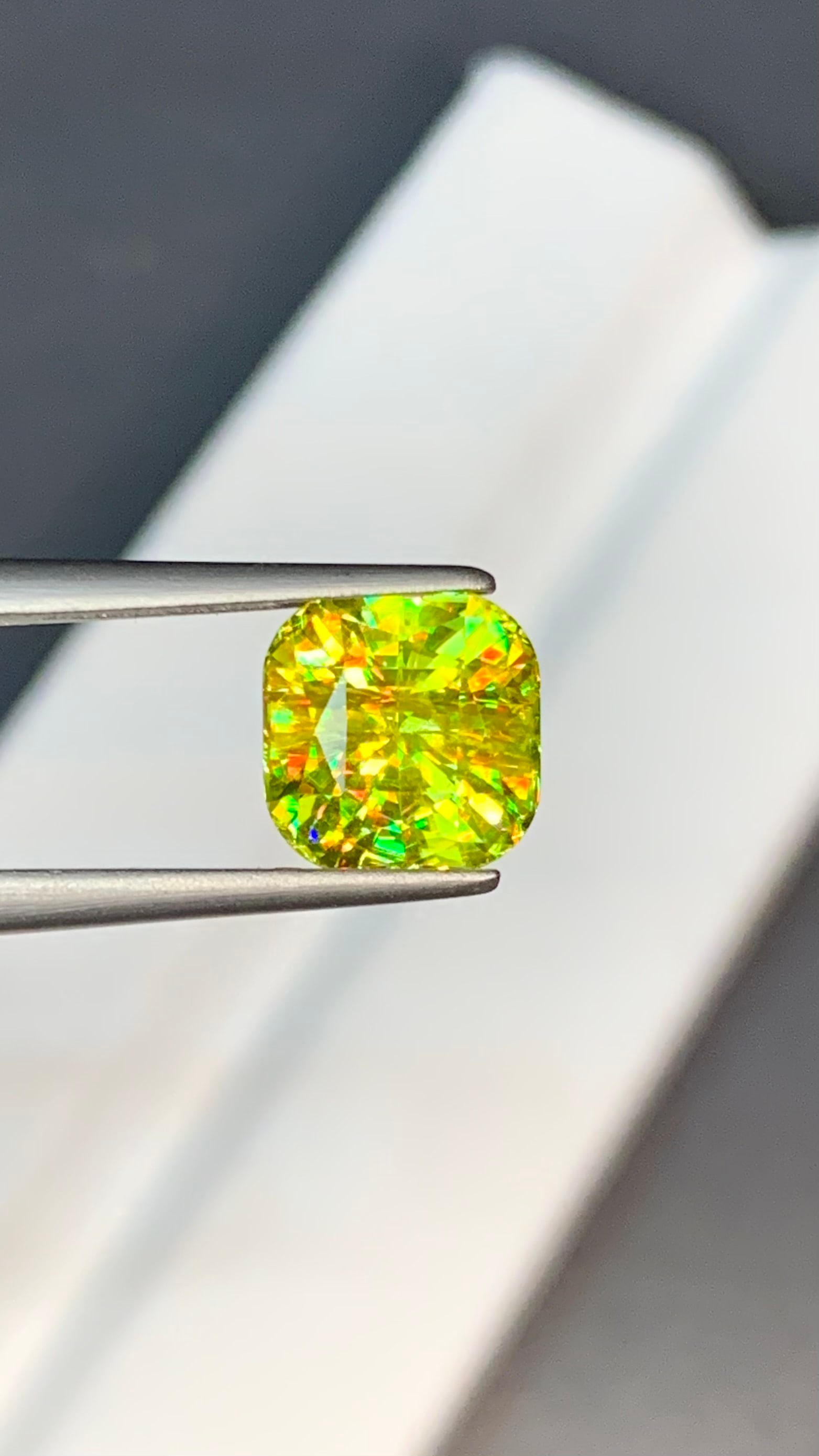 2.75 Carats Multi Color Natural Sphene: Details SKU Dimensions (mm) 7.95 x 7.82 x 5.67 mm Weight (cts) 2.75 Treatment No Treatment Shape Cushion, Square Type Faceted Clarity VS Colours