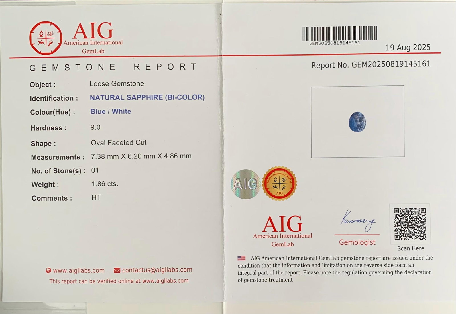 AIG Certified Faceted Blue Sapphire: 1.86 Carat Bi Color Oval Cut Gemstone (1 of 5)