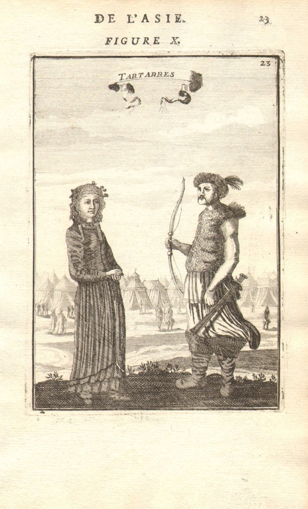 CENTRAL ASIA. Tartar warrior & woman. Tents Sword Bow 'Tartarres'. MALLET 1683: Title: CENTRAL ASIA. Tartar warrior & woman. Tents Sword Bow 'Tartarres'. MALLET 1683 Description: Tartarres' (De L'Asie). Tartary (Latin: Tartaria) or Great Tartary (Latin: Tartaria Magna) was a name