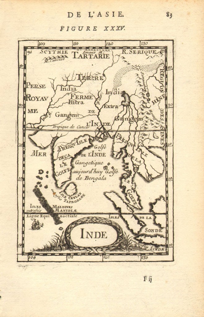 SOUTH ASIA. India Ceylon Sri Lanka Indochina Maldives. 'Inde'. MALLET 1683 map: Title: SOUTH ASIA. India Ceylon Sri Lanka Indochina Maldives. 'Inde'. MALLET 1683 map Description: Inde' (De L'Asie). The map encompasses the whole of India & Indochina including Burma, Thailand,