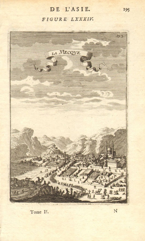 SAUDI ARABIA. View of Mecca (Makkah). Mosques. Camels. 'La Mecque'. MALLET 1683: Title: SAUDI ARABIA. View of Mecca (Makkah). Mosques. Camels. 'La Mecque'. MALLET 1683 Description: La Mecque' (De L'Asie) by Mallet, Allain Manesson. Published 1683. Original 17th century copperplate