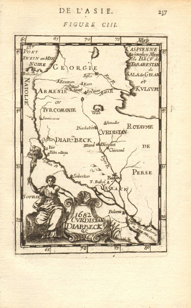 MIDDLE EAST/CAUCASUS Kurdistan Diyarbakir Yerack (Iraq) Armenia. MALLET 1683 map: Title: MIDDLE EAST/CAUCASUS Kurdistan Diyarbakir Yerack (Iraq) Armenia. MALLET 1683 map Description: 1682 Curdistan Diarbeck' (De L'Asie). The map covers much of modern day Iraq, western Iran, Armenia