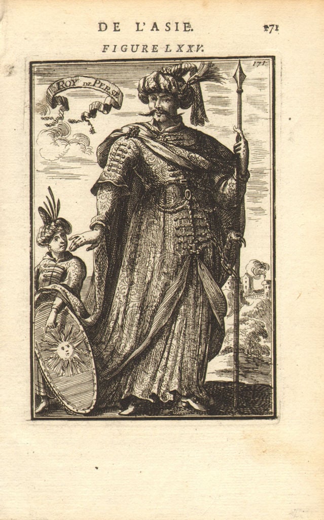 KING OF PERSIA (IRAN). Probably Shah Suleiman I. 'Roy de Perse'. MALLET 1683: Title: KING OF PERSIA (IRAN). Probably Shah Suleiman I. 'Roy de Perse'. MALLET 1683 Description: Roy de Perse' (De L'Asie) by Mallet, Allain Manesson. Published 1683. Original 17th century copperplate
