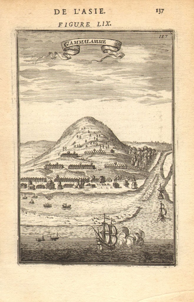 EAST INDIES. Mount Gamalama, Ternate, Moluccas Maluku. 'Gammalamme'. MALLET 1683: Title: EAST INDIES. Mount Gamalama, Ternate, Moluccas Maluku. 'Gammalamme'. MALLET 1683 Description: Gammalamme' (De L'Asie) by Mallet, Allain Manesson. Published 1683. Original 17th century copperpla