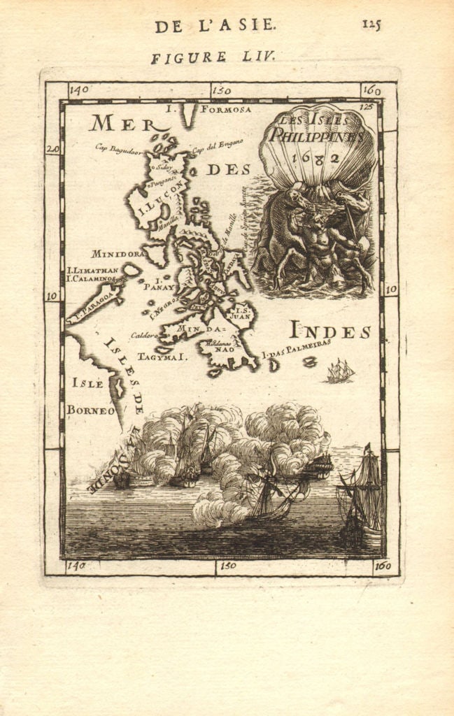 ISLES PHILIPPINES. Manila Luzon Mindanao Negros Panay Cebu. MALLET 1683 map: Title: ISLES PHILIPPINES. Manila Luzon Mindanao Negros Panay Cebu. MALLET 1683 map Description: Les Isles Philippines 1682' (De L'Asie). Vignette shows a sea battle by Mallet, Allain Manesson.