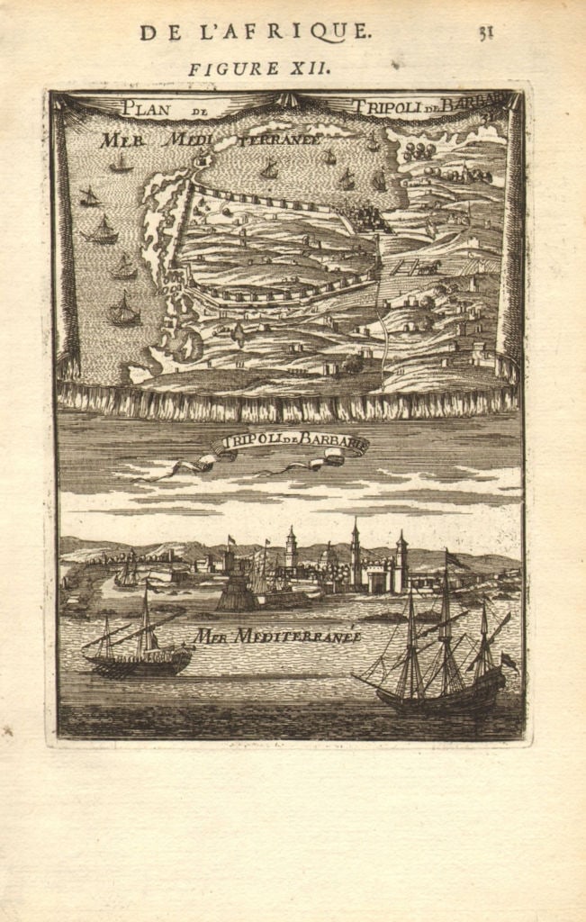 LIBYA. Plan & view of the town & port of Tripoli. Barbary. MALLET 1683 old map: Title: LIBYA. Plan & view of the town & port of Tripoli. Barbary. MALLET 1683 old map Description: Plan de Tripoli de Barbarie' (De L'Afrique) by Mallet, Allain Manesson. Published 1683. Original