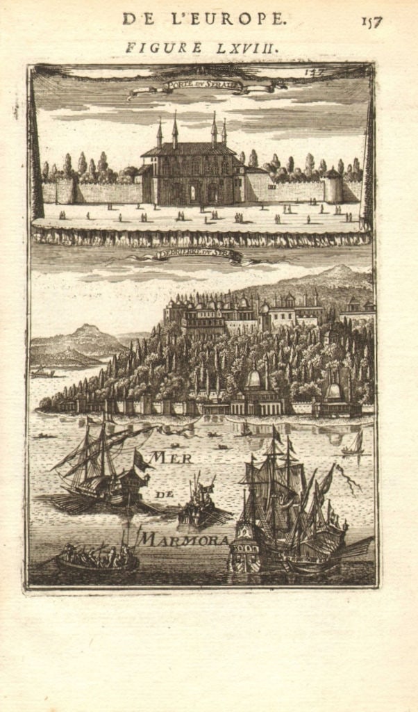 CONSTANTINOPLE (ISTANBUL). Topkapi Palace. Topkapı Sarayi. 'Serail'. MALLET 1683: Title: CONSTANTINOPLE (ISTANBUL). Topkapi Palace. Topkapı Sarayi. 'Serail'. MALLET 1683 Description: Porte du Serail; Derriere du Serail' (De L'Europe). View of the Topkapi Palace from the
