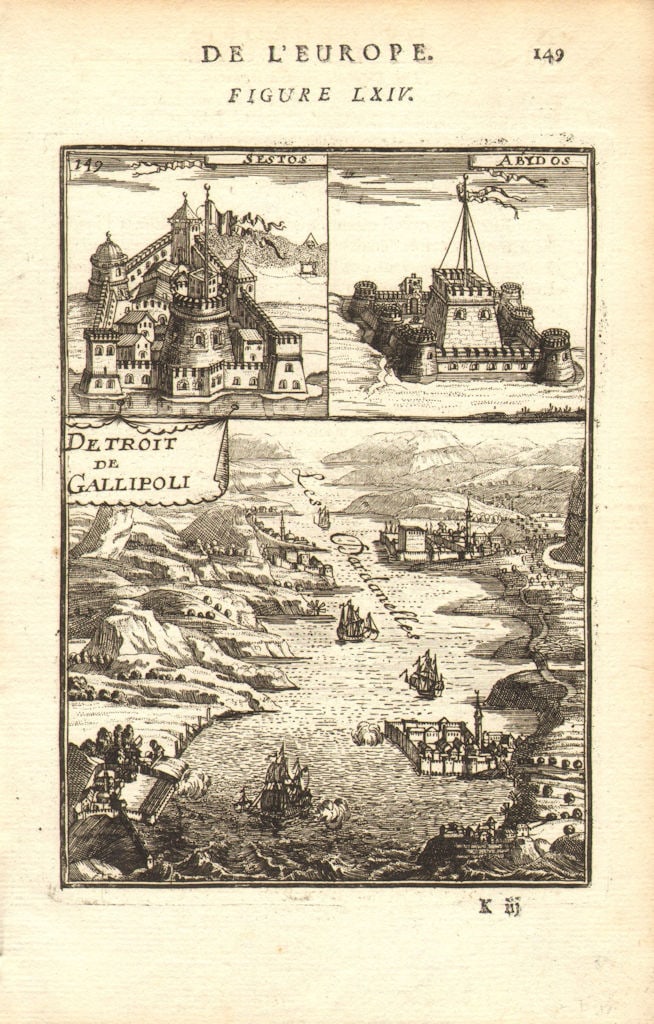 DARDANELLES. Sestos; Abydos; Detroit Gallipoli (Gallipoli Strait). MALLET 1683: Title: DARDANELLES. Sestos; Abydos; Detroit Gallipoli (Gallipoli Strait). MALLET 1683 Description: Sestos; Abydos; Detroit de Gallipoli' (De L'Europe). Shows the forts of Sestos and Abydos, situated