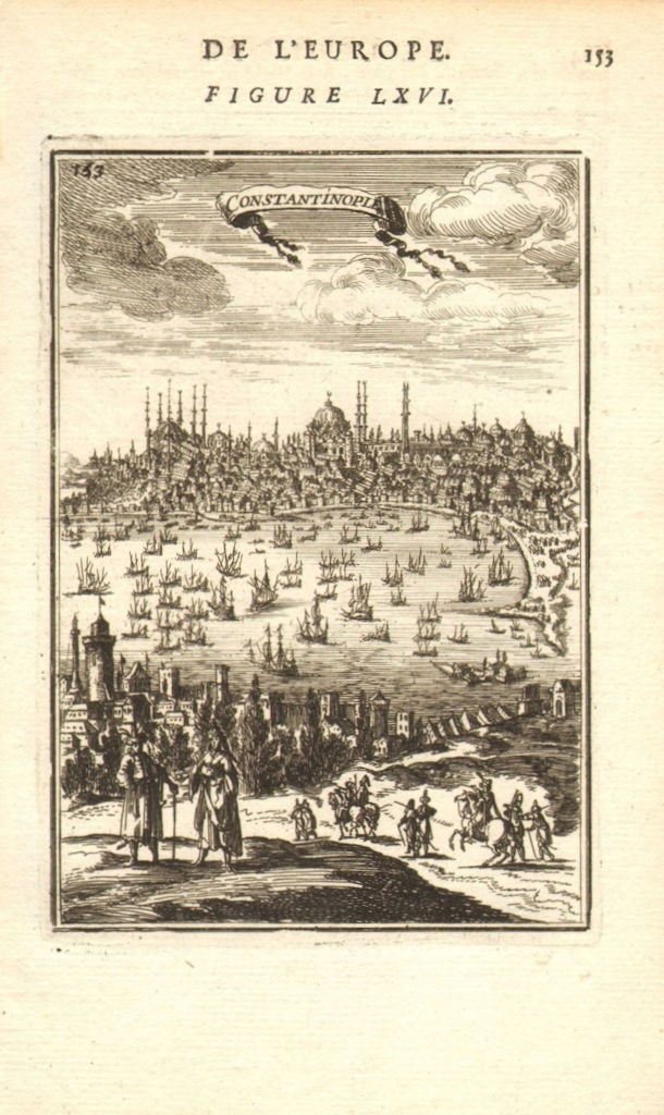 CONSTANTINOPLE (ISTANBUL). Decorative view with Hagia Sophia. MALLET 1683: Title: CONSTANTINOPLE (ISTANBUL). Decorative view with Hagia Sophia. MALLET 1683 Description: Constantinople' (De L'Europe). View from the Asian side of Constantinople, with many ships on the