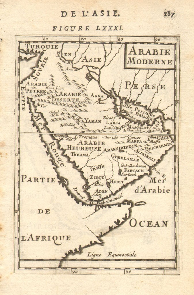 ARABIA. Bahrain UAE Mecca Medina Oman Muscat 'Arabie Moderne'. MALLET 1683 map: Title: ARABIA. Bahrain UAE Mecca Medina Oman Muscat 'Arabie Moderne'. MALLET 1683 map Description: Arabie Moderne'. Towns marked on the map include 'Mascate' (Muscat), Mecque (Mecca), Medine (Medina),