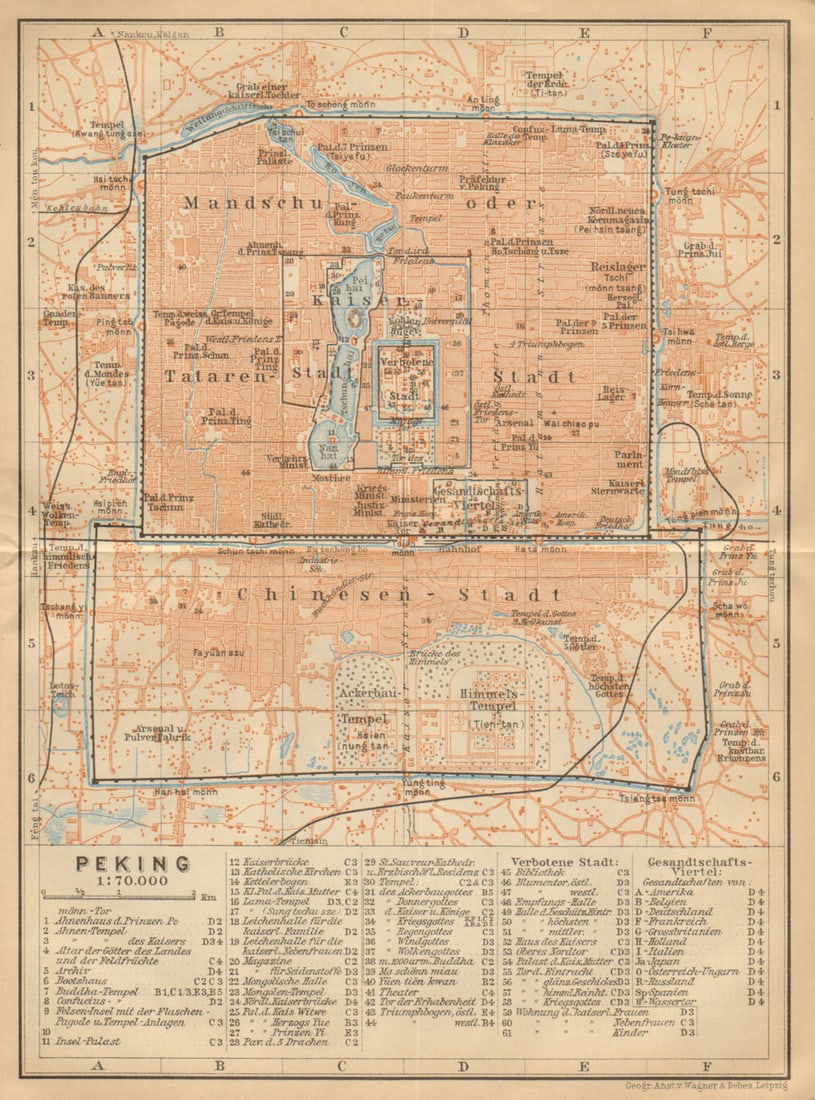 Peking Beijing town/city plan. China. BAEDEKER 1912 old antique map chart: Title: Peking Beijing town/city plan. China. BAEDEKER 1912 old antique map chart Description: Peking [Beijing] by Baedeker, Karl / Wagner & Debes. Published 1912. Antique German language tourist map.
