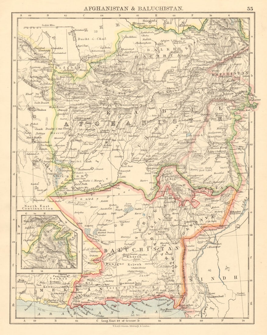 AFGHANISTAN & BALUCHISTAN Kabul British Baluchistan (pink) Pakistan 1892 map (1 of 1)