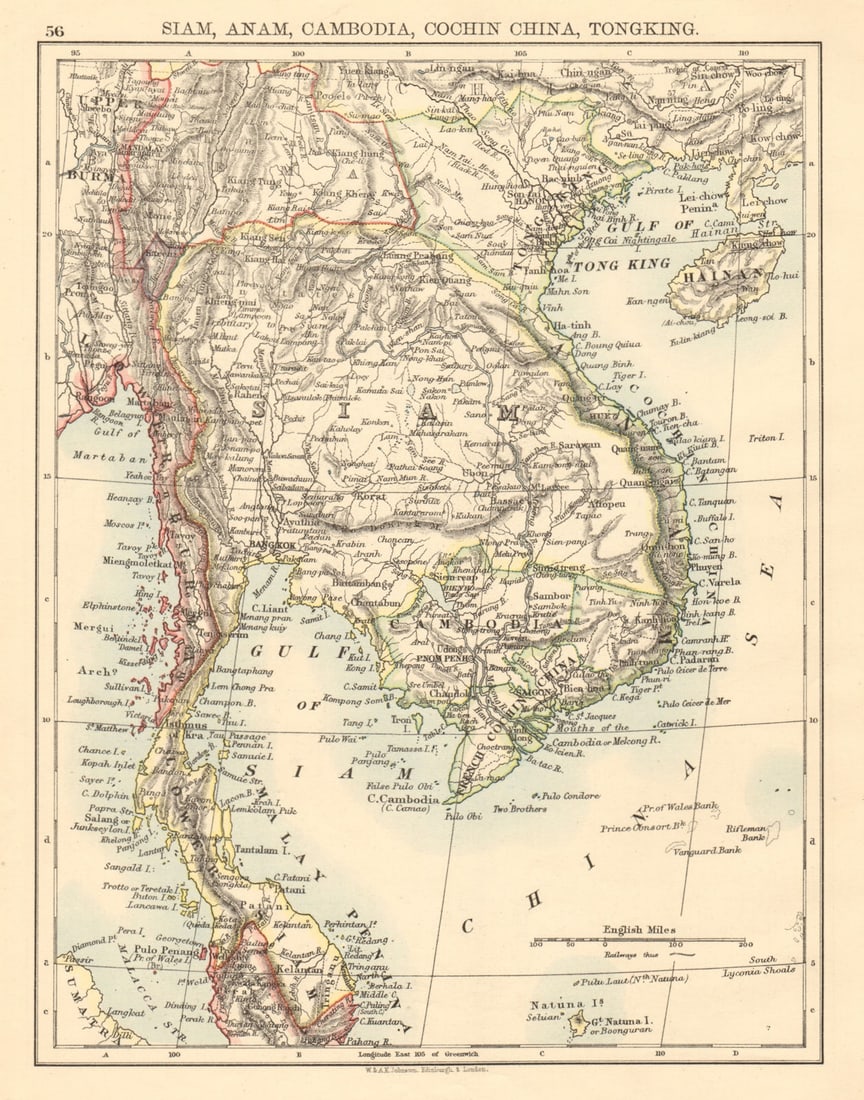INDOCHINA Siam Thailand Burma Cambodia Anam Cochin China Anam 1892 old map: Title: INDOCHINA Siam Thailand Burma Cambodia Anam Cochin China Anam 1892 old map Description: Siam, Anam, Cambodia, Cochin China, Tongking'. W. & A.K. Johnston, Limited, Edinburgh & London. Published