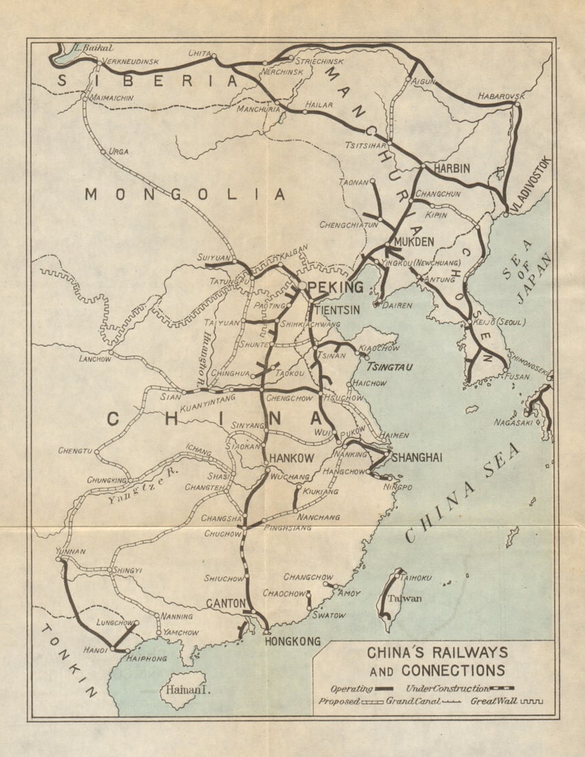 China''s Railways and Connections 1924 old antique vintage map plan chart: Title: China''s Railways and Connections 1924 old antique vintage map plan chart Description: China's Railways and Connections' by Japanese Government Railways. Published 1924. Antique colour town