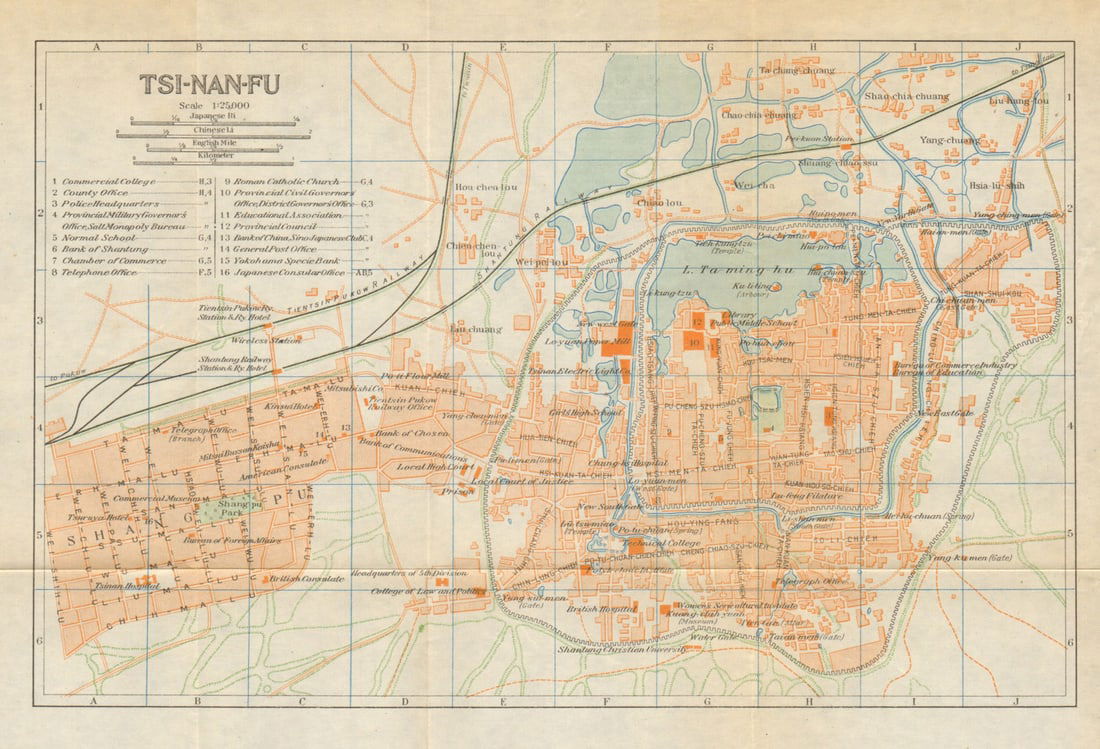 Tsi-nan-fu'. Jinan antique town city plan. China 1924 old map chart: Title: 'Tsi-nan-fu'. Jinan antique town city plan. China 1924 old map chart Description: Tsi-nan-fu [Jinan] by Japanese Government Railways. Published 1924. Antique colour town city plan. Size 18 x 26