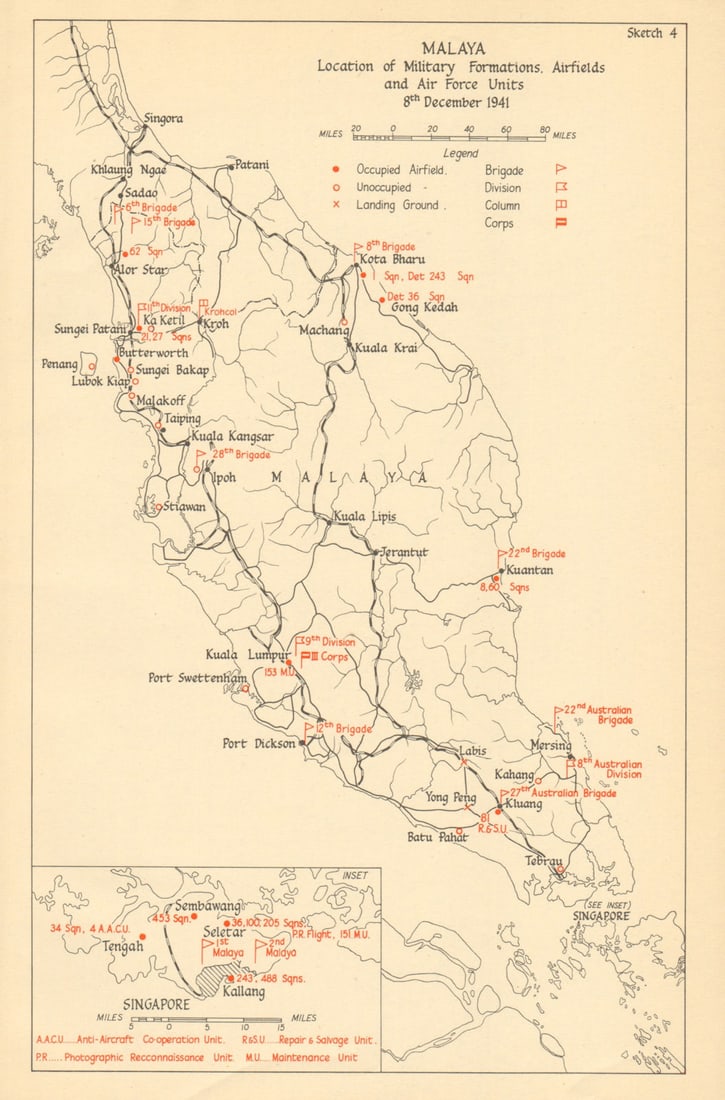 Malaya & Singapore. Military deployment & airfields, 8th December 1941 1957 map: Title: Malaya & Singapore. Military deployment & airfields, 8th December 1941 1957 map Description: Malaya, Location of Military Formations, Airfields and Air Force Units, 8th December 1941' by HMSO.