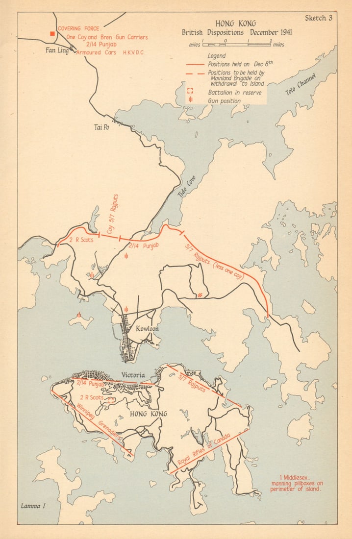 Hong Kong, British Dispositions, December 1941 1957 old vintage map plan chart: Title: Hong Kong, British Dispositions, December 1941 1957 old vintage map plan chart Description: Hong Kong, British Dispositions, December 1941' by HMSO. Published 1957. Vintage colour military
