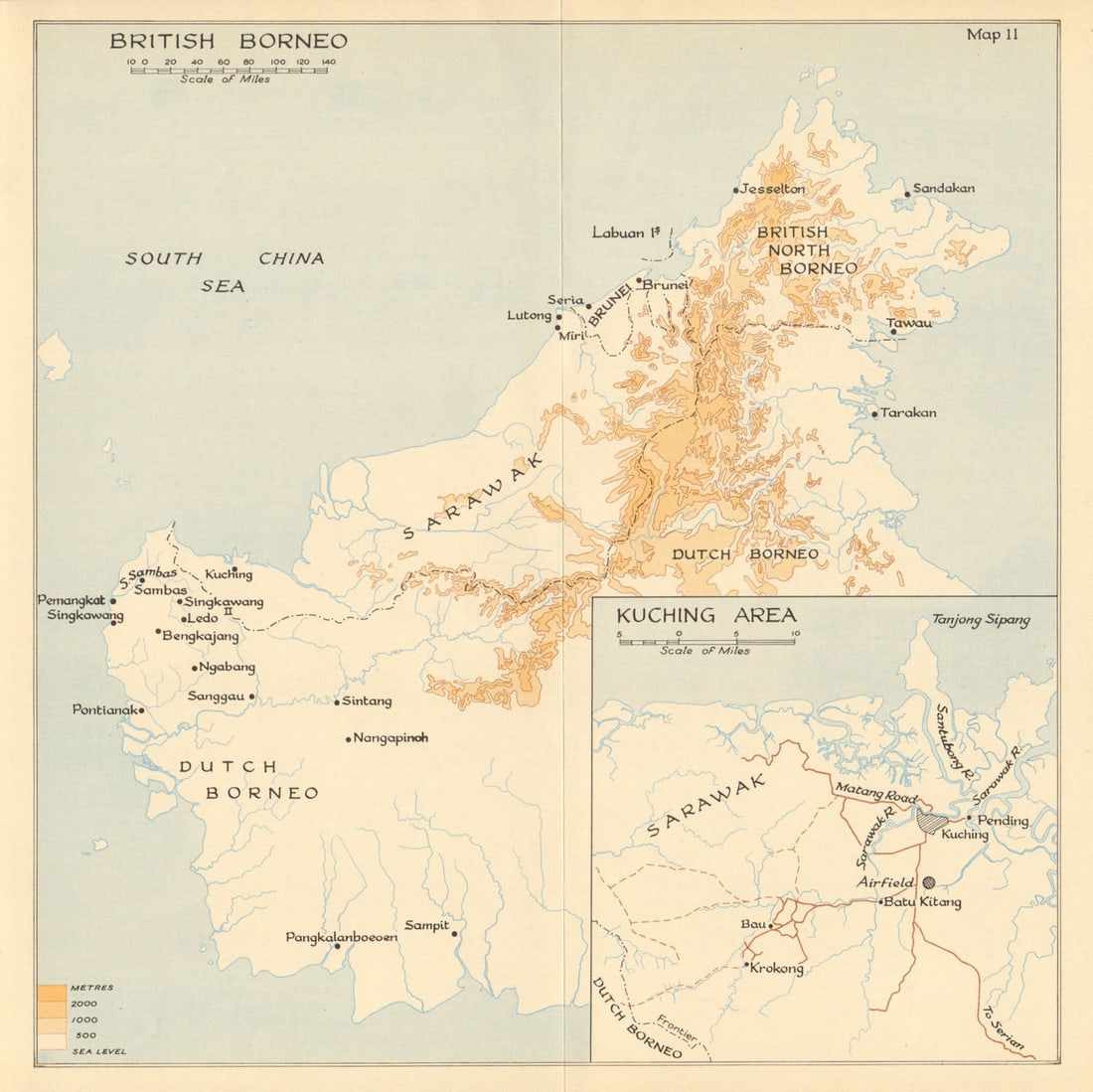 British Borneo 1941. Sarawak Brunei. Kuching area 1957 old vintage map chart: Title: British Borneo 1941. Sarawak Brunei. Kuching area 1957 old vintage map chart Description: British Borneo (Kuching area inset)' by HMSO. Published 1957. Vintage colour military history map.