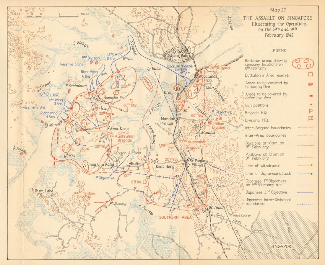 The Japanese assault on Singapore. 8th & 9th February 1942 1957 old map: Title: The Japanese assault on Singapore. 8th & 9th February 1942 1957 old map Description: The assault on Singapore (illustrating the operations on 8th and 9th February 1942)' by HMSO. Published