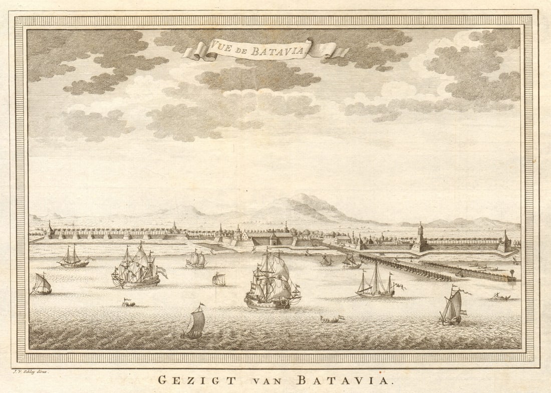 View of the city of Batavia, Dutch East Indies. Jakarta, Indonesia. SCHLEY 1753: Title: View of the city of Batavia, Dutch East Indies. Jakarta, Indonesia. SCHLEY 1753 Description: Vue de Batavia [View of Batavia]. Jakarta by Schley, Jakob van der. Published 1753. Antique