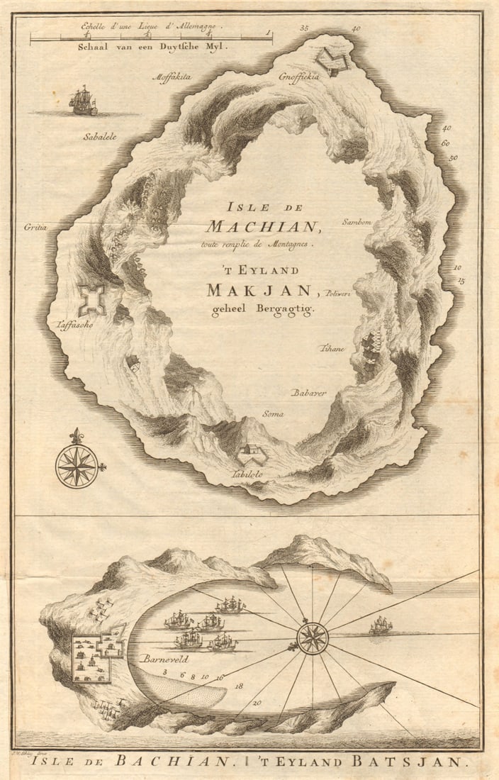 Isles de Machian & de Bachian'. Makian & Bacan, Maluku. BELLIN/SCHLEY 1755 map: Title: Isles de Machian & de Bachian'. Makian & Bacan, Maluku. BELLIN/SCHLEY 1755 map Description: Isles de Machian & de Bachian [The islands of Makian & Bacan]. Makian & Bacan Island, Mol