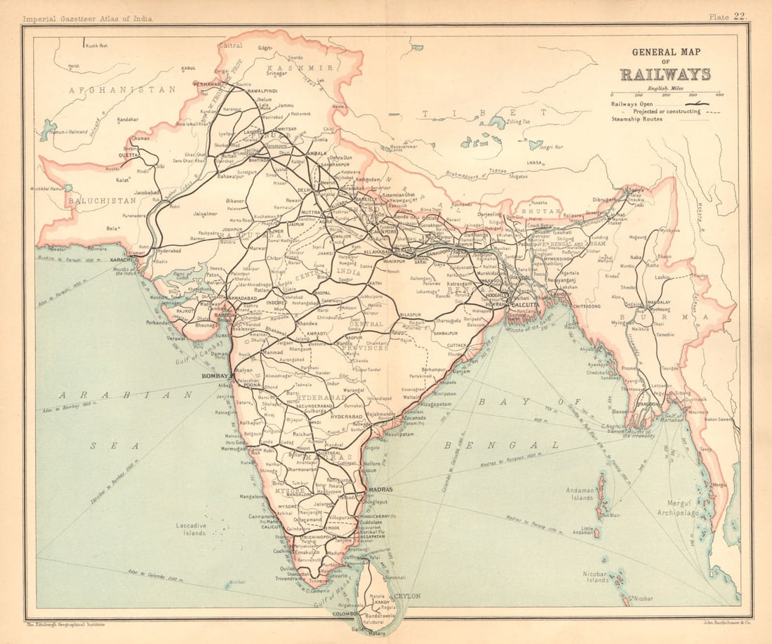 BRITISH INDIA. General Map of Railways. Burma Pakistan 1909 old antique: Title: BRITISH INDIA. General Map of Railways. Burma Pakistan 1909 old antique Description: General Map of Railways' by Bartholomew, J. G.. Published 1909. Antique colour gazetteer map. Size 21 x 25 c