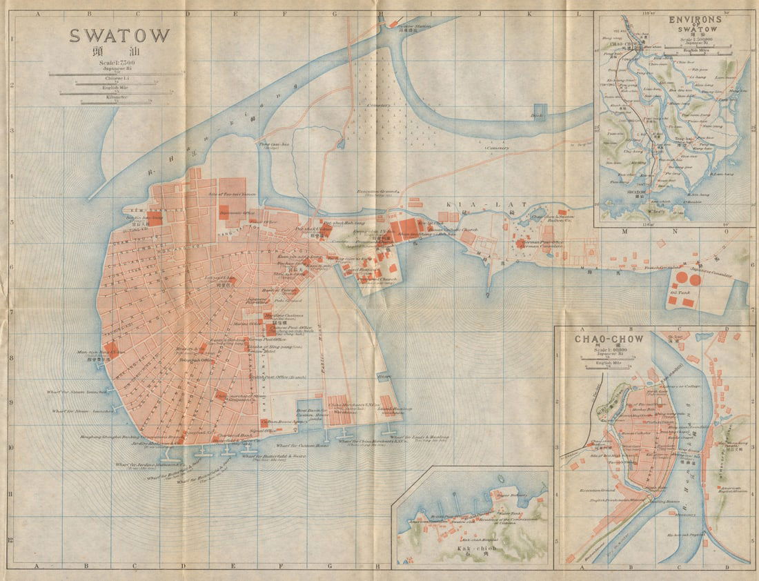 Swatow'. Shantou antique town city plan. China 1915 old map chart: Title: Swatow'. Shantou antique town city plan. China 1915 old map chart Description: Swatow [Shantou]. Imperial Japanese Government Railways. Published 1915. Antique colour town city plan. Size 27 x